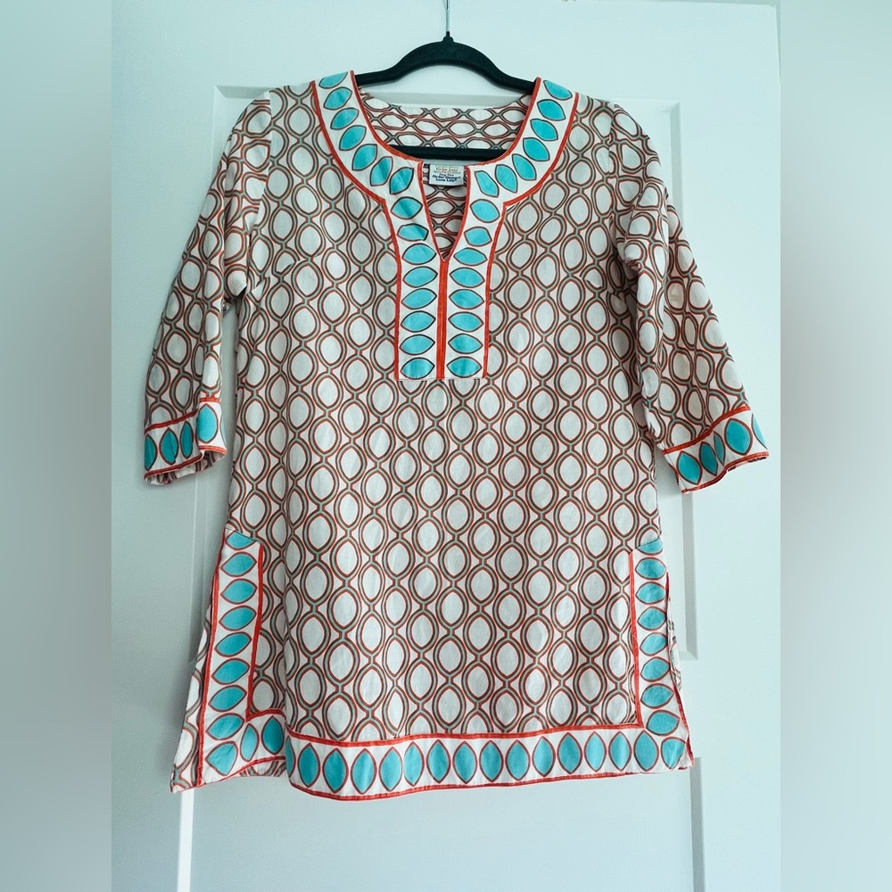 Gretchen Scott Designs Aqua‎ and Brown Geometric Tunic, Size XS